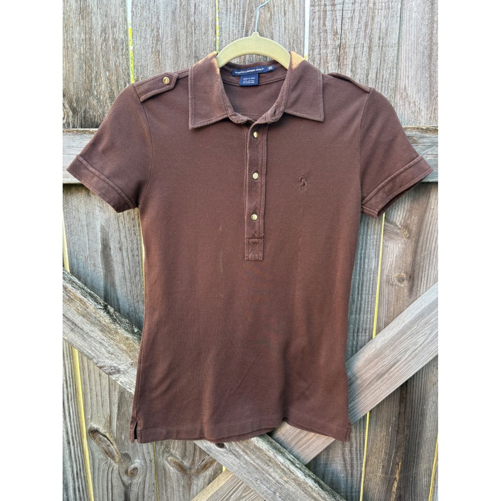 Ralph Lauren Golf Brown Pique Polo Shirt Gold Buttons Epaulets Womens XS